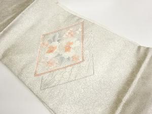 銀駒刺繍菱に牡丹・桜模様名古屋帯